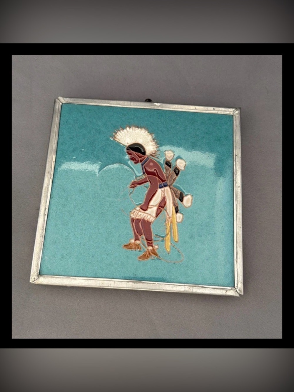 Vintage Native American Ceramic Art Tile 6"x 6" Hoop Dancer Metal Back Heavy